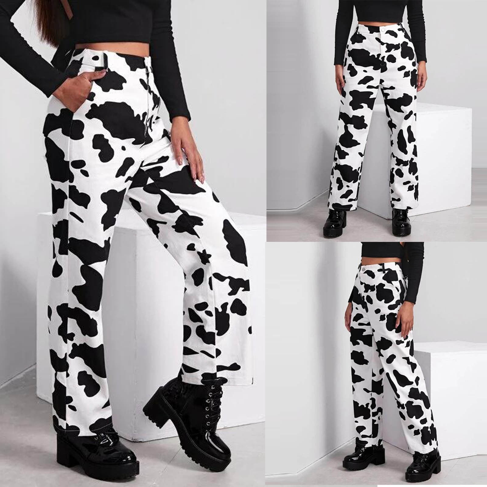 Plus Size Cow Print High Rise Pants - Black White – Dolls Kill